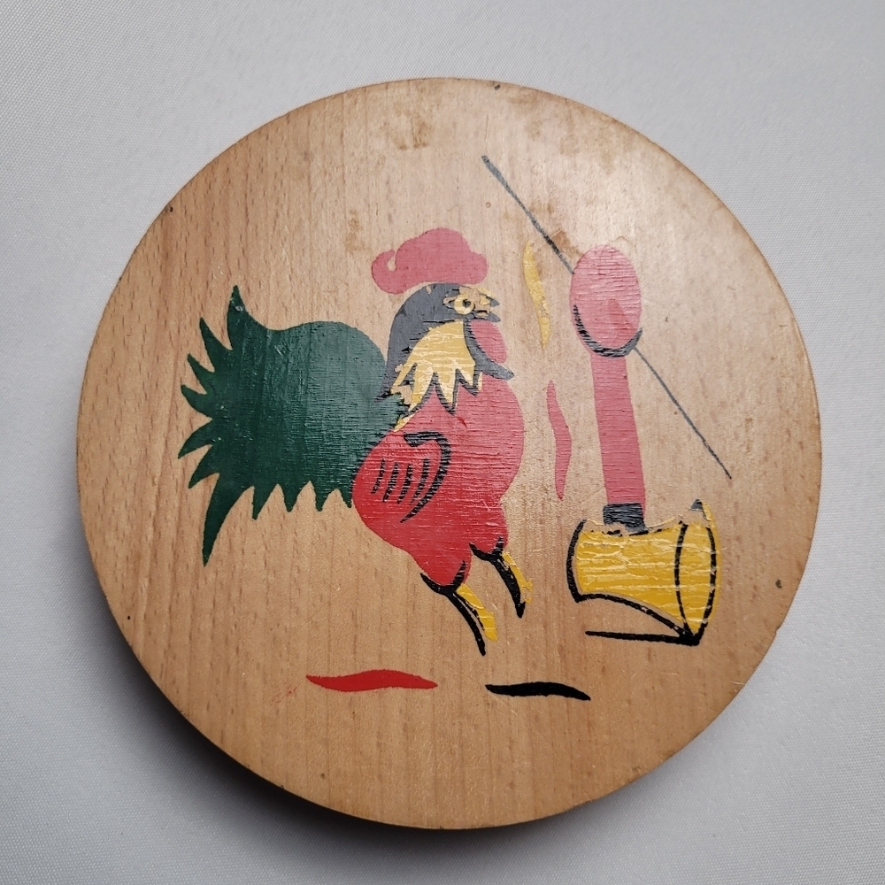 Vintage Wooden Hamburger Press Folk Art Handpainted Rooster Hinged